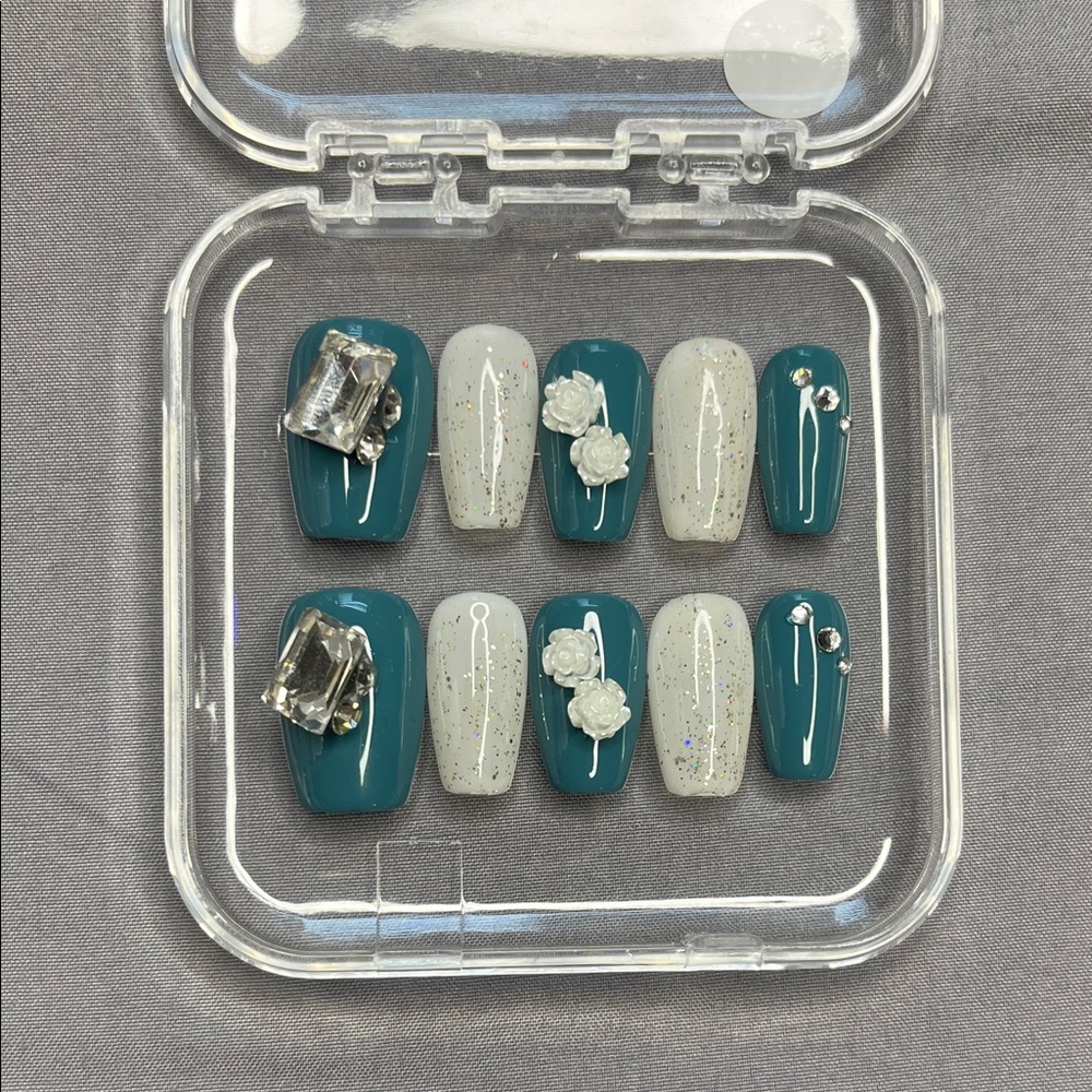 Elegant Teal and White Press-On Nails with Floral and Gem Accents